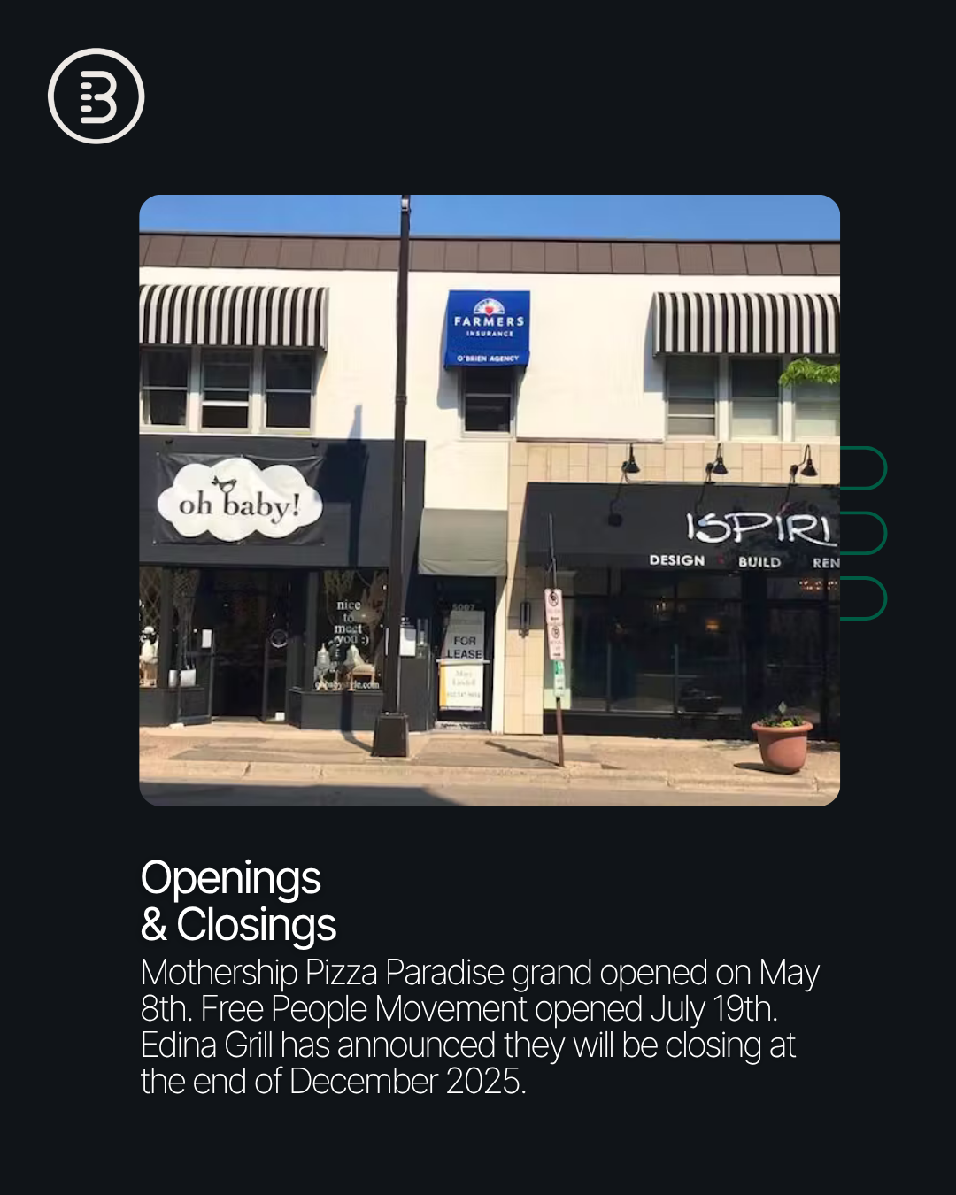 Local expert @[Robin Sande](50861bc0-ddc7-476a-af04-f7641c256d7b) highlights a return in foot traffic to @[50th and France](18), along with fresh momentum from Mothership Pizza Paradise (opened May 8) and Free People Movement (opened July 19). While Edina Grill will close at the end of the year, its coveted location will hit the market in January 2026 (image 1)