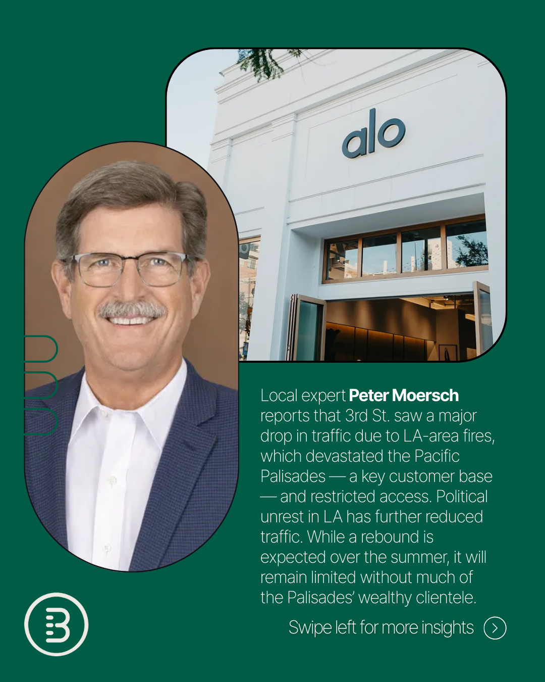 According to local expert @[PETER MOERSCH](8ff80ee3-ba2f-4a6b-8726-4fd43f36a898) of Main + Main, 3rd Street Promenade is working through challenges after wildfires and political unrest limited access and impacted traffic especially from the key Pacific Palisades trade area (image 2)