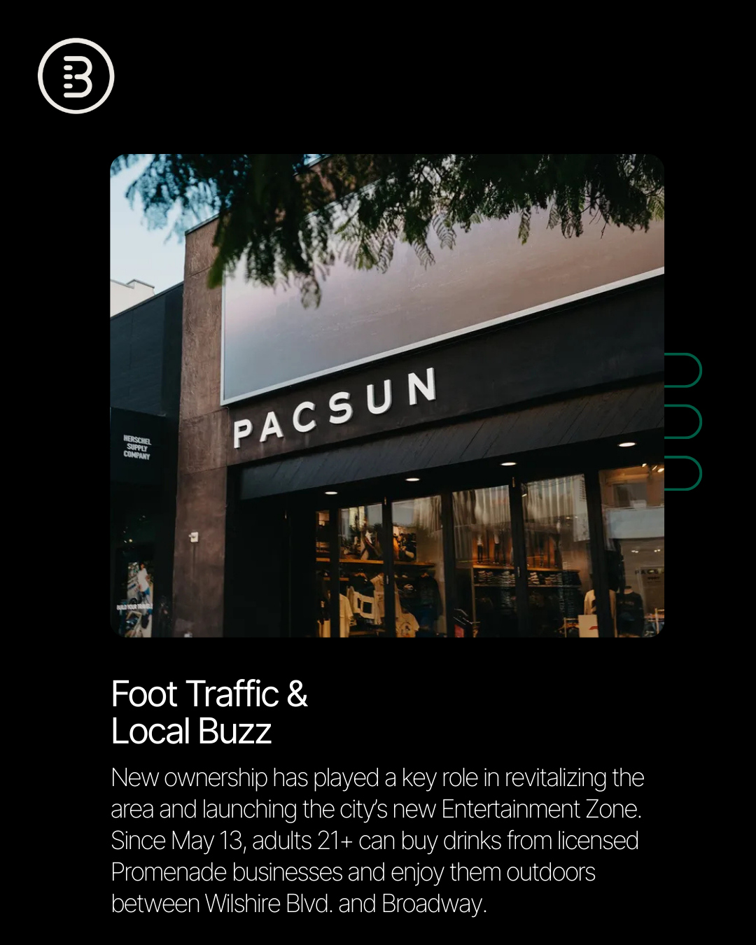 According to local expert @[PETER MOERSCH](8ff80ee3-ba2f-4a6b-8726-4fd43f36a898) of Main + Main, 3rd Street Promenade is working through challenges after wildfires and political unrest limited access and impacted traffic especially from the key Pacific Palisades trade area (image 1)