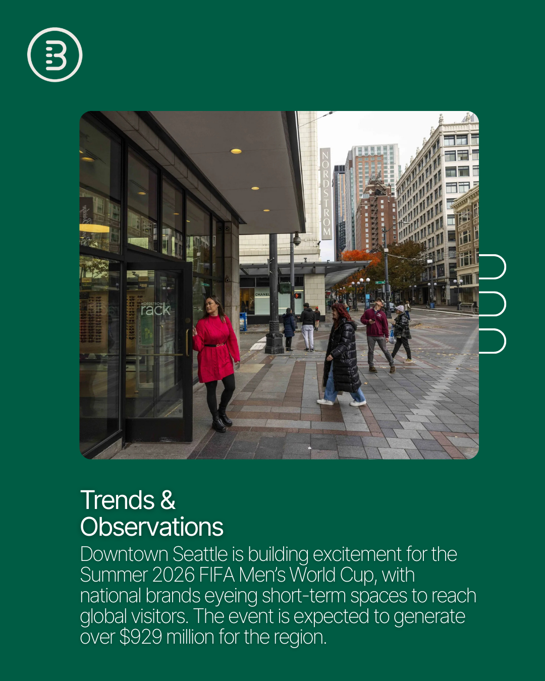 Local expert @[Maria Royer](f00443c7-c516-4c41-b242-f8f24077c93a) of Real Retail reports a strong rebound in Downtown Seattle. June 2025 brought in over 3.1 million visitors, with daily worker presence reaching a post-2020 high of 152,000. Apartment occupancy is up 22 percent since 2019, and hotel demand is nearly back to pre-pandemic levels (image 1)