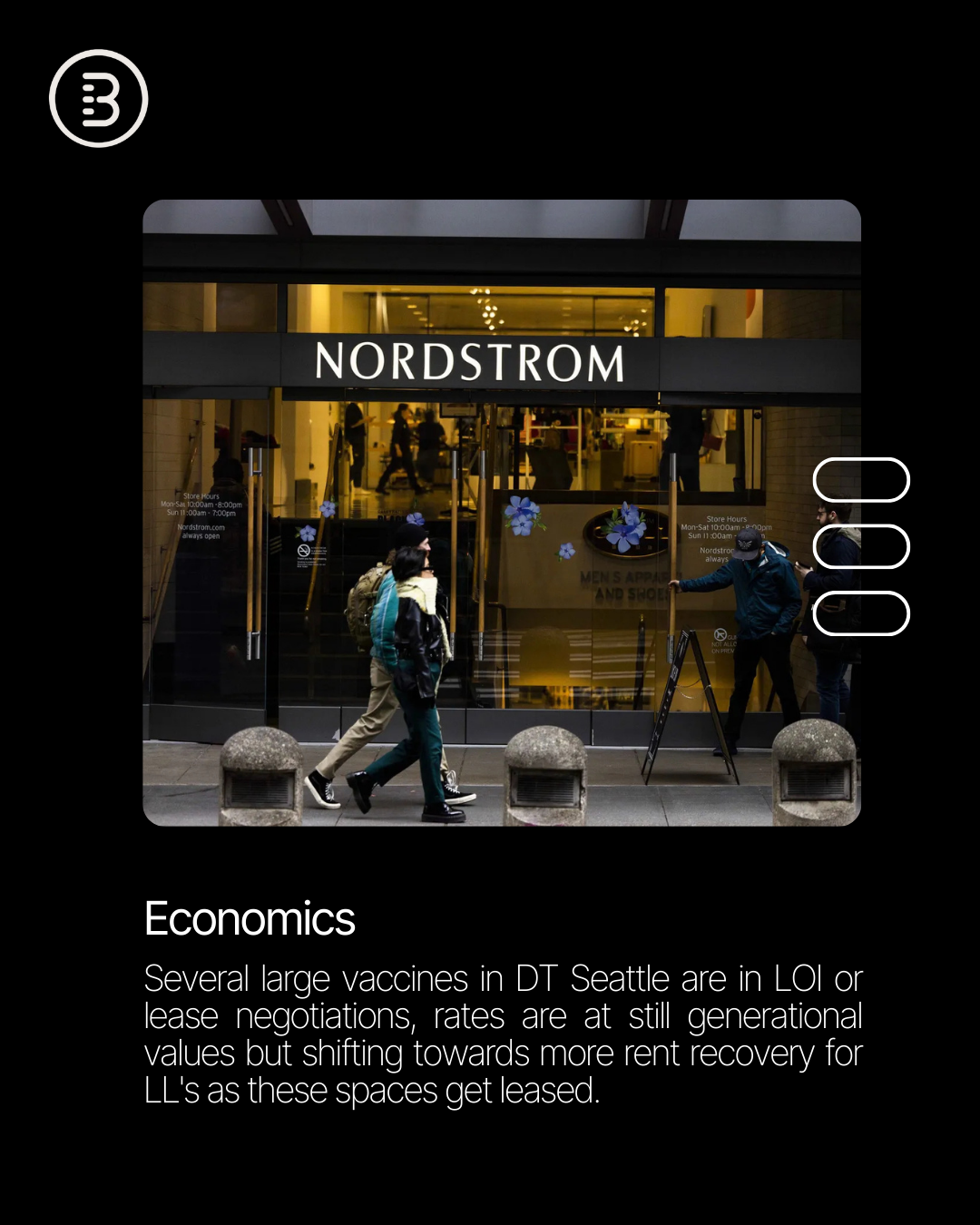 Local expert @[Maria Royer](f00443c7-c516-4c41-b242-f8f24077c93a) of Real Retail reports a strong rebound in Downtown Seattle. June 2025 brought in over 3.1 million visitors, with daily worker presence reaching a post-2020 high of 152,000. Apartment occupancy is up 22 percent since 2019, and hotel demand is nearly back to pre-pandemic levels (image 3)