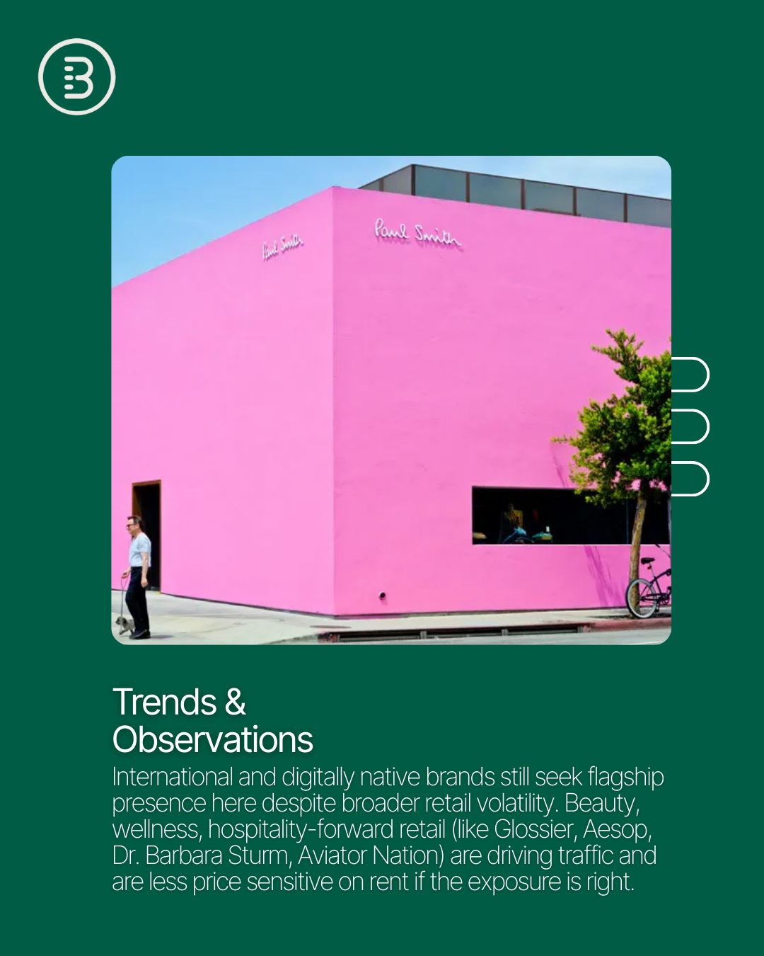 Local expert @[Campbell  Norris ](c49c5d03-4ea3-4232-aa9a-afc15813e884) of Main + Main reports continued strength on Melrose Place, where luxury fashion, beauty, and hospitality-driven retail are driving demand. Foot traffic remains healthy, supported by influencer tourism, brand activations, and anchor tenants like Glossier and Bottega Veneta (image 1)