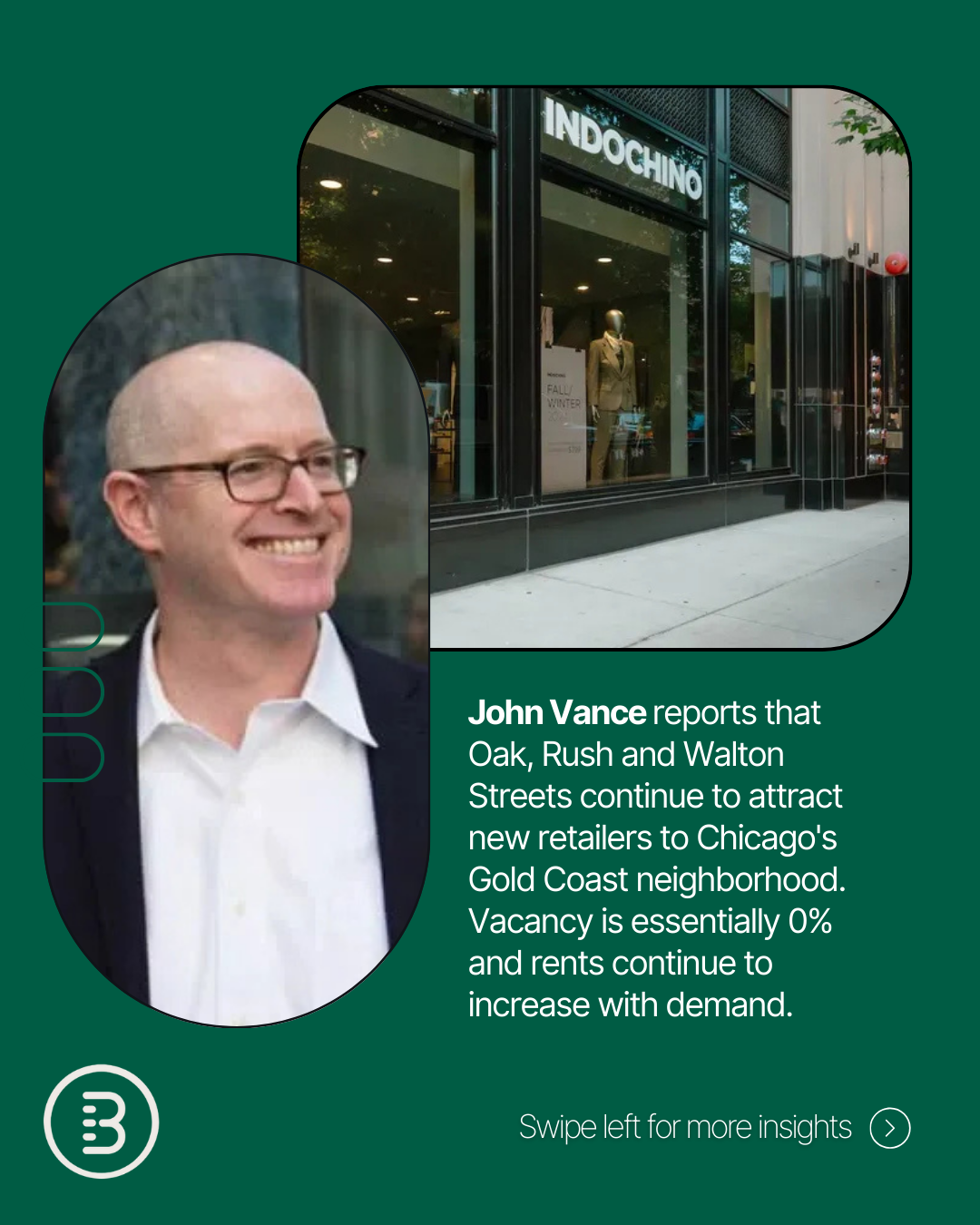 Local expert @[John Vance](7e08f947-1aa2-40e5-99ba-705c7745aa5d) reports record performance in Chicago’s Gold Coast, where vacancy is near zero and ground-floor rents are nearing $400 PSF NNN (image 3)