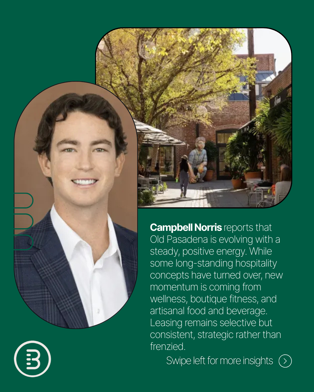 Local expert @[Campbell  Norris ](c49c5d03-4ea3-4232-aa9a-afc15813e884) reports that Old Pasadena is seeing steady, strategic momentum. While some legacy hospitality tenants have exited, the corridor is gaining energy through wellness, boutique fitness, and artisanal F&B (image 3)