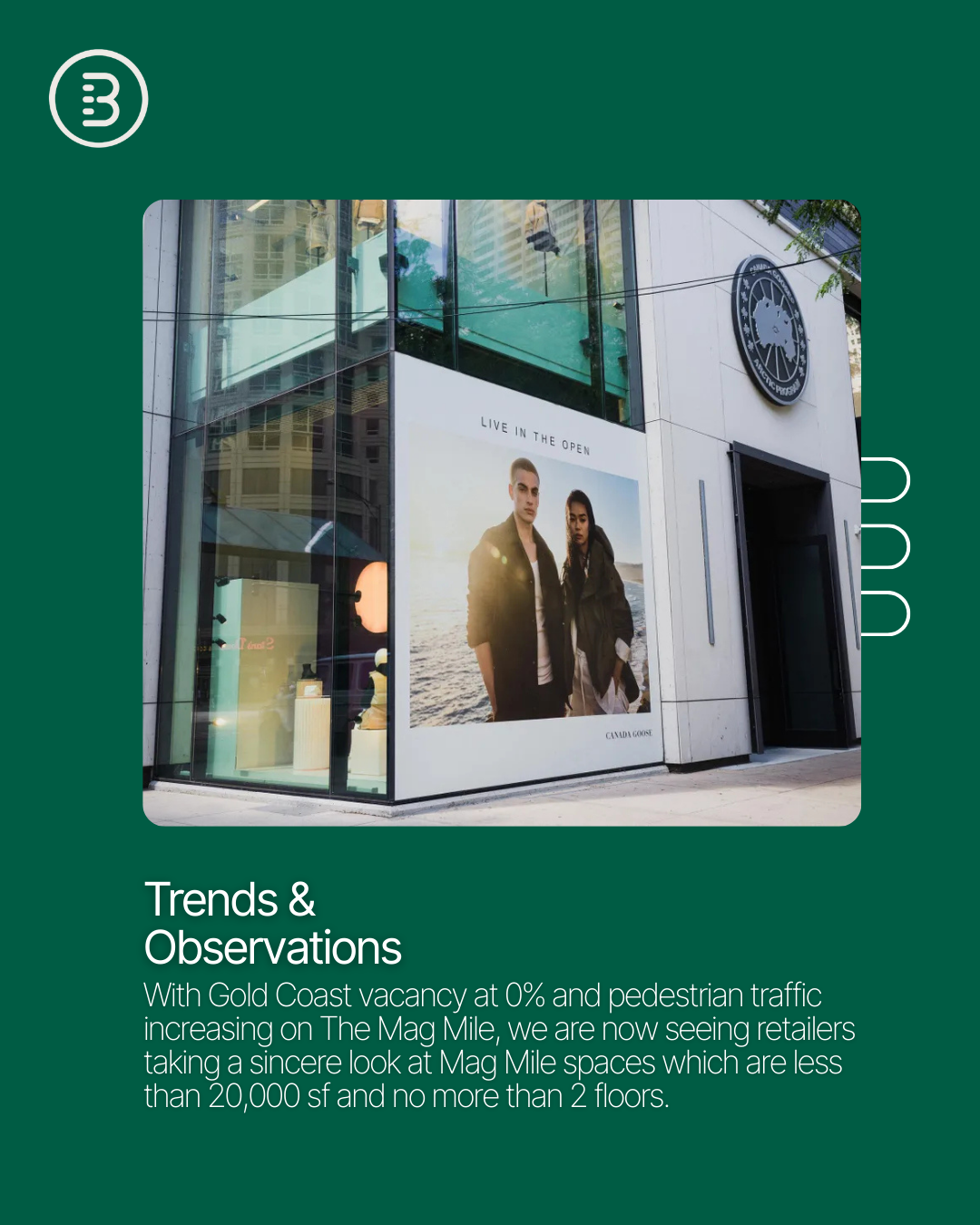 Local expert @[John Vance](7e08f947-1aa2-40e5-99ba-705c7745aa5d) reports steady recovery along Chicago’s Magnificent Mile, where leasing activity continues to pick up and pedestrian traffic is on the rise (image 2)