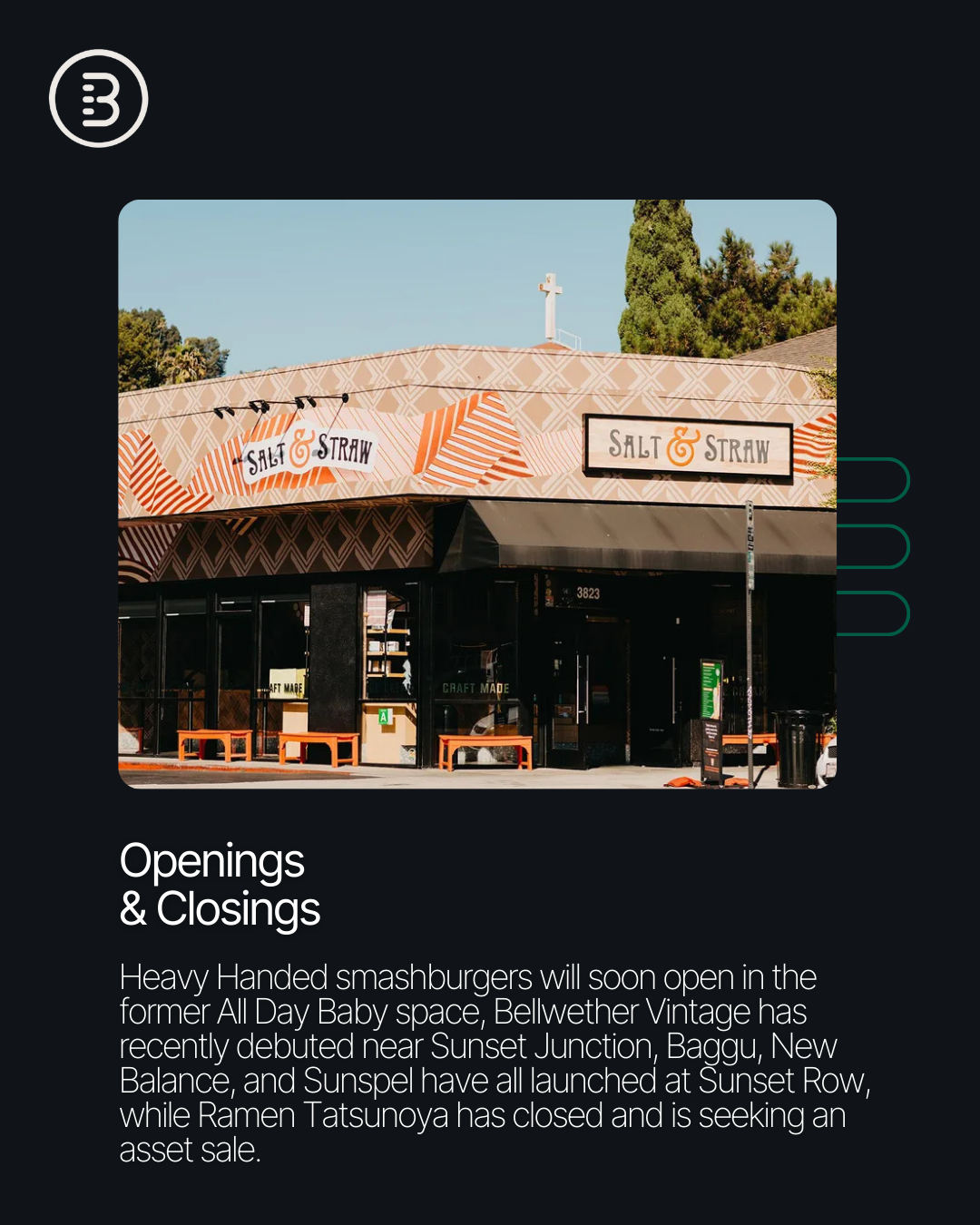 Local expert @[Campbell  Norris ](c49c5d03-4ea3-4232-aa9a-afc15813e884) reports that @[Sunset Blvd-Silver Lake](656) is in the midst of a creative retail resurgence. While leasing remains selective, the corridor is drawing strong interest from design-forward hospitality, niche wellness brands, and elevated casual dining (image 2)