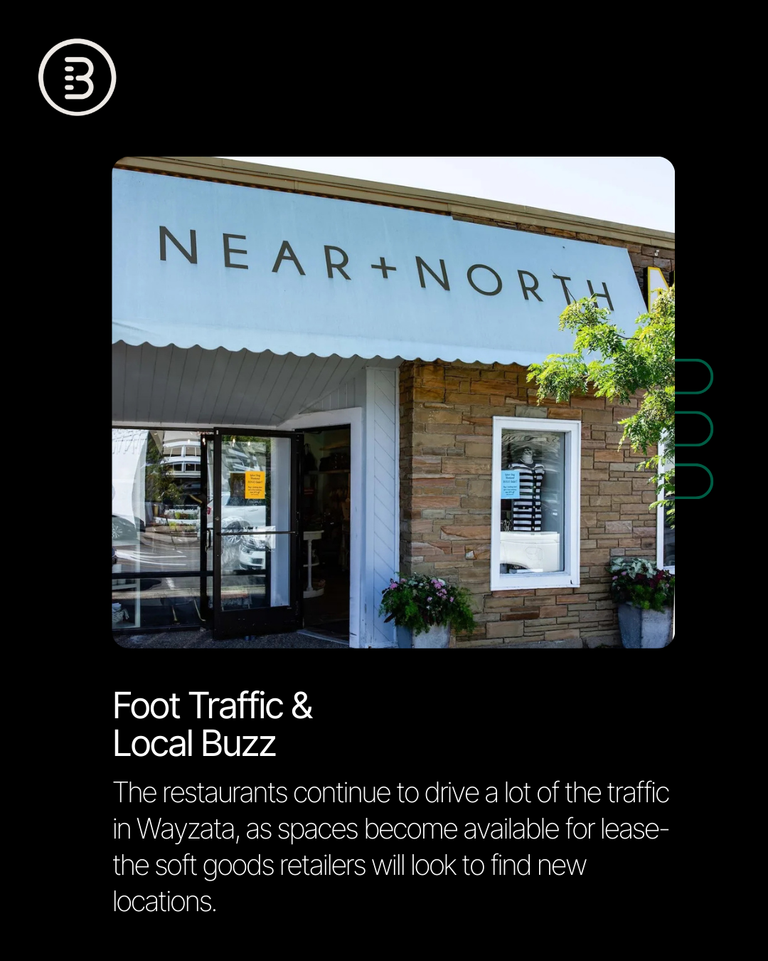 Local expert @[Robin Sande](50861bc0-ddc7-476a-af04-f7641c256d7b) reports that @[Downtown Wayzata](1269) continues to perform well, with limited space availability and consistently strong demand especially for restaurant-driven locations (image 2)