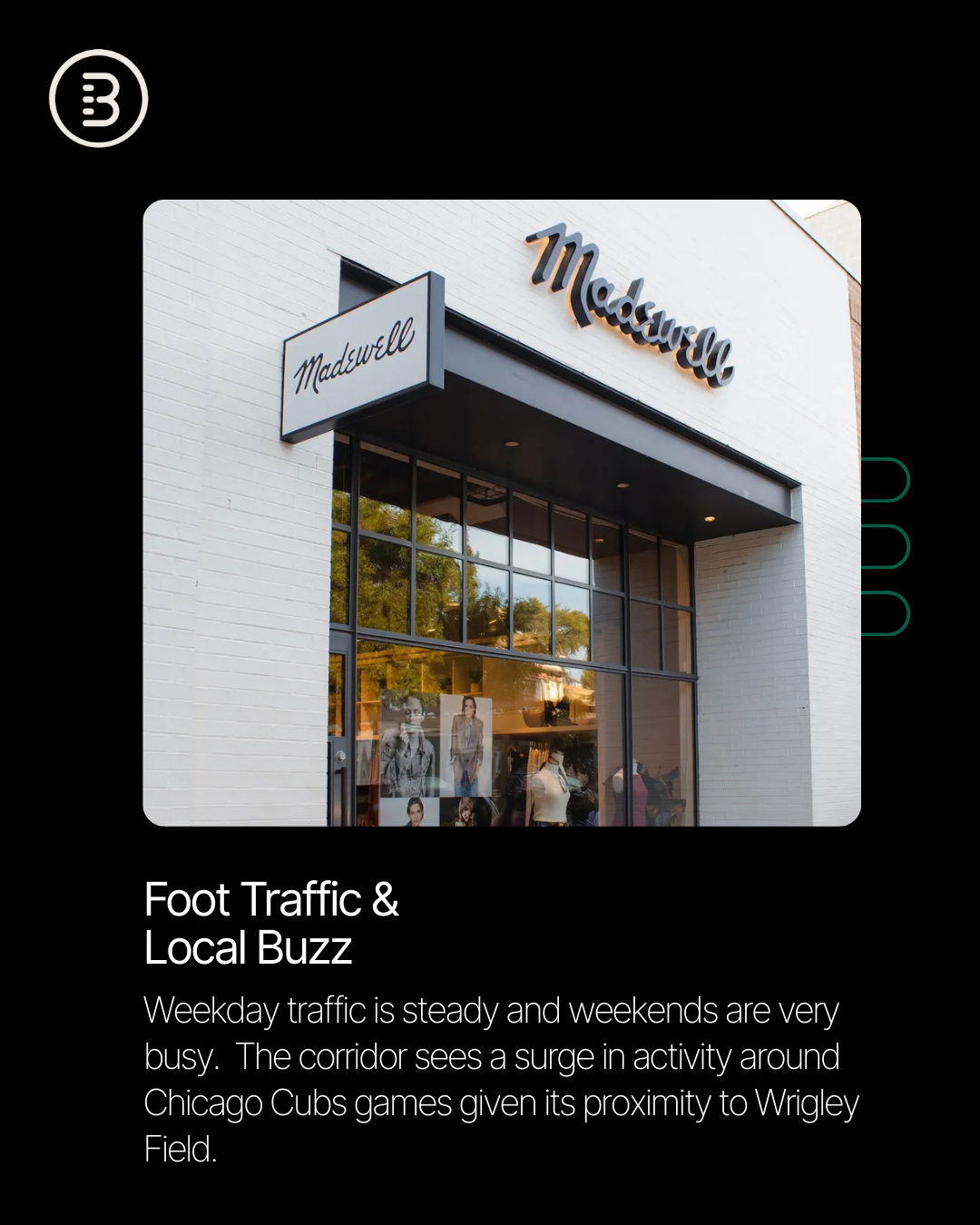 Local expert @[Will Winter](53802bc9-9c10-429d-8d3b-2fd6614d7cc4) reports that @[Southport Avenue](1007) remains a steady, high-demand corridor, with strong weekend foot traffic and surges around Cubs games. Despite a few small shop closures on the horizon, including Aligned Modern Health, demand remains elevated and rents have now surpassed $100 PSF NNN (image 2)