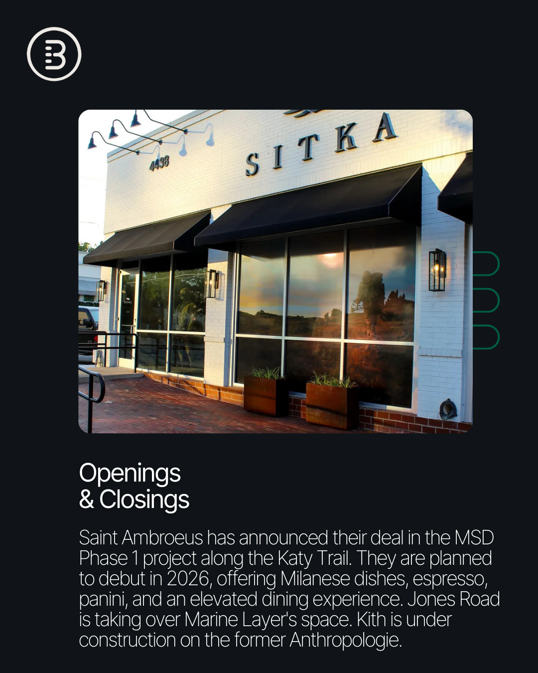 Local expert @[Julia Miller](20cd07fd-5dd3-46f9-a2c7-4bb2a53b1d0c) reports that @[Knox Street](370) is quickly solidifying its place as Dallas’s premier urban retail district. Anchored by the Katy Trail, Knox offers a high-end mix of retail, dining, and lifestyle that continues to draw top-tier tenants and consistent consumer demand (image 2)