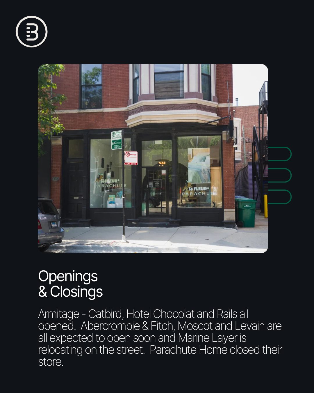 Local expert @[Will Winter](53802bc9-9c10-429d-8d3b-2fd6614d7cc4) reports continued strength along @[Armitage Avenue](561), where leasing activity remains high and demand continues to outpace supply (image 2)