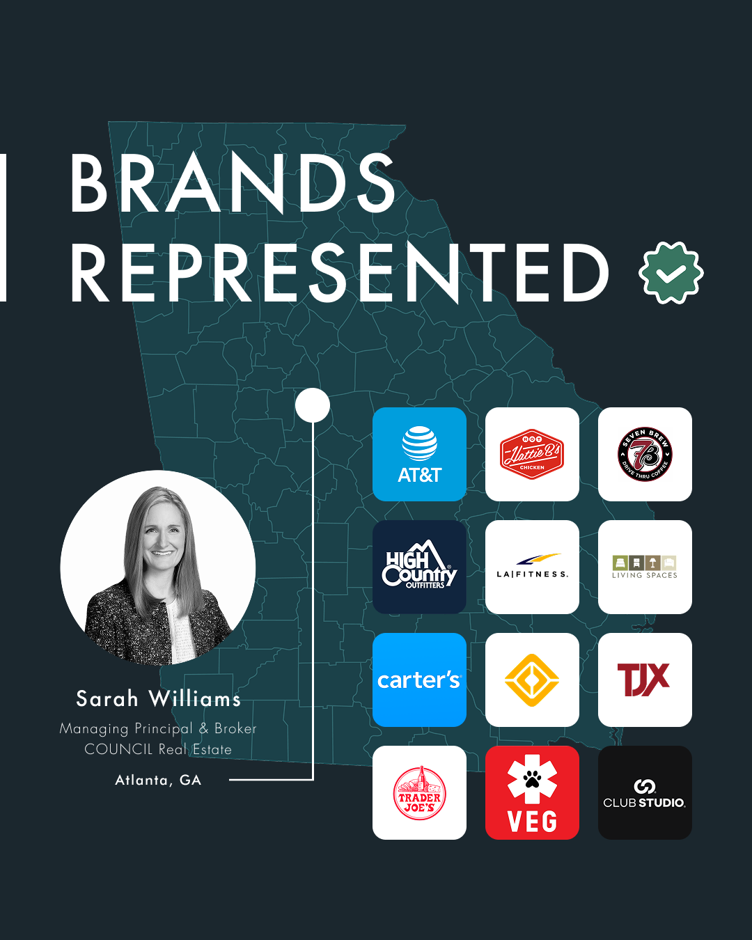 As Managing Principal and Broker at COUNCIL Real Estate, @[Sarah Williams](75b6d2fe-edab-4059-bcac-ce9065bd5055) has become a key voice in Atlanta’s retail story. She understands how national brands think, what they need from a market, and how to translate a retailer’s vision into a site plan that actually performs. Her work across national rollouts has given her deep relationships and a clear sense of how to move fast without missing the details (image 1)