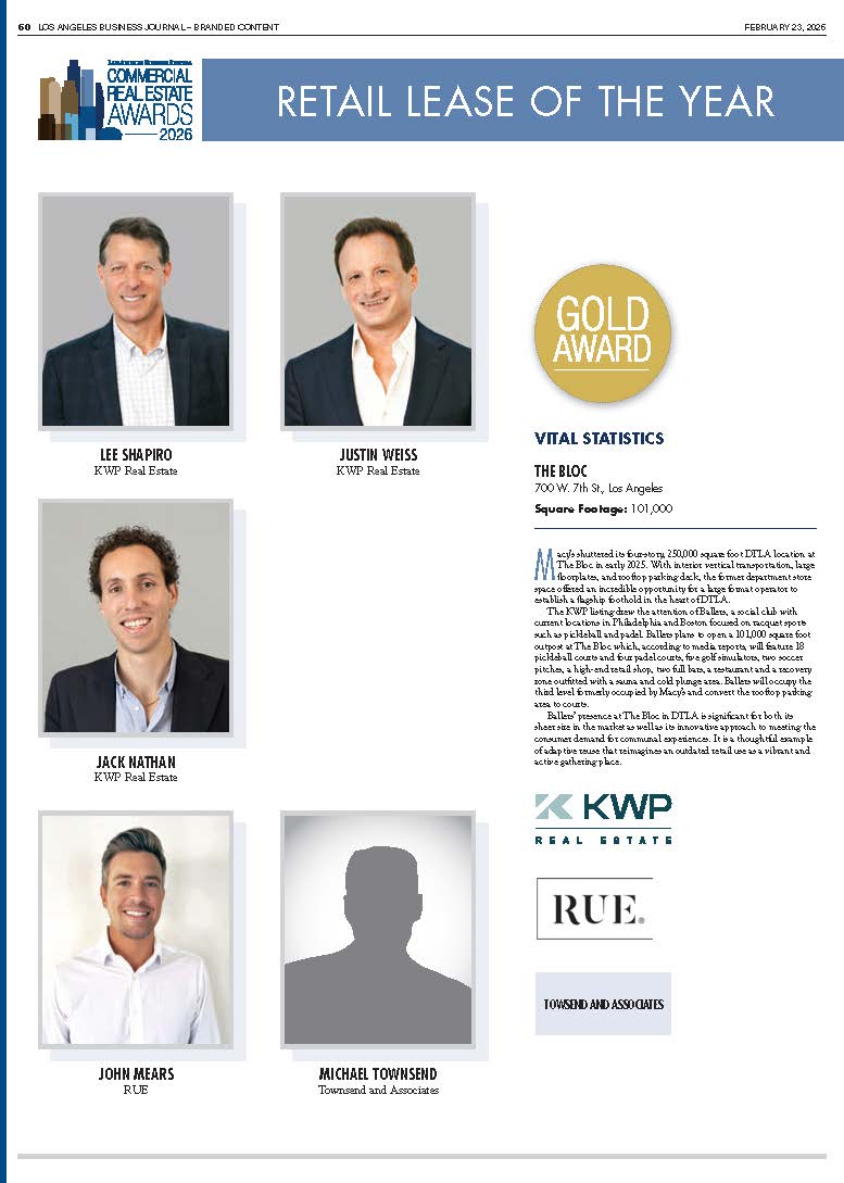 We’re honored to share that the Ballers lease at The Bloc has been named Los Angeles Business Journal Retail Lease of the Year! (image 2)