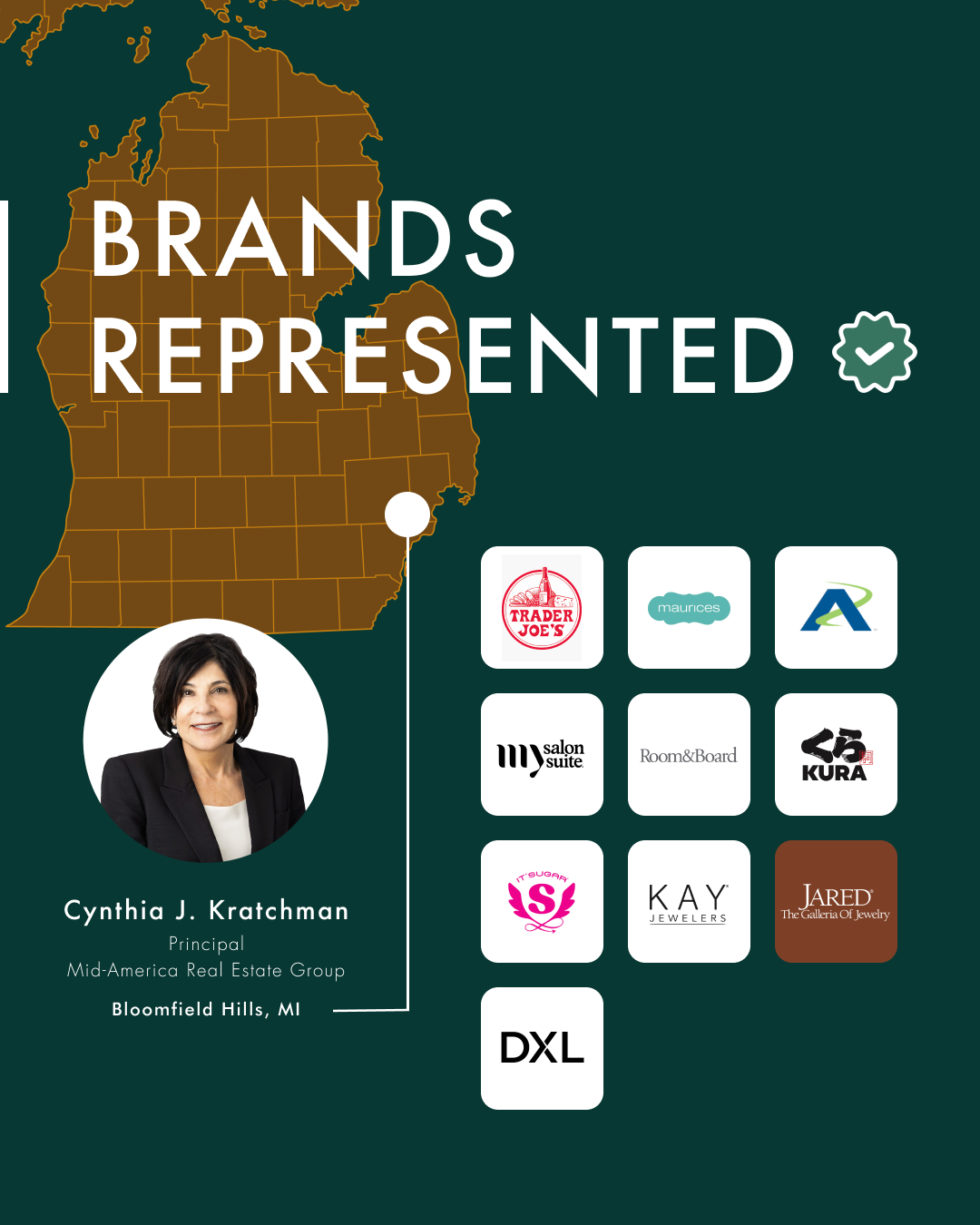 Cynthia J. Kratchman is a powerhouse in the Michigan retail real estate market. With 32 years of experience, Cynthia has become a go-to expert for tenant representation and retail rollouts across the entire state; from the heart of downtown Detroit to the Upper Peninsula (image 3)