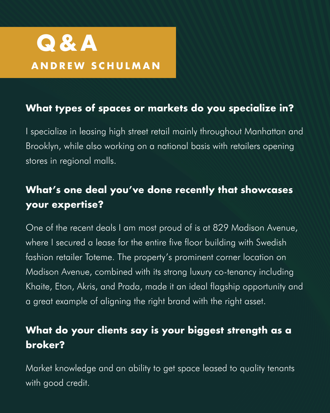 Andrew Schulman has spent more than 35 years shaping some of the most recognized retail destinations in North America. As Principal at Capricorn Retail Advisors, he leads the firm's High Street and Project Leasing division, bringing experience that spans everything from Manhattan flagship corridors to regional malls, outlet centers, and mixed-use projects. 🏙️ (image 2)